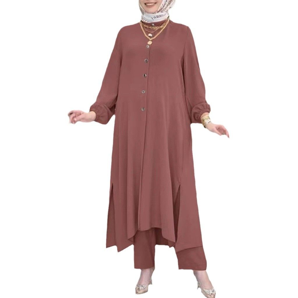 New product selection in stock popular Muslim women's clothing Middle East new ice silk wrinkle loose solid color split collar shirt temperament pants set