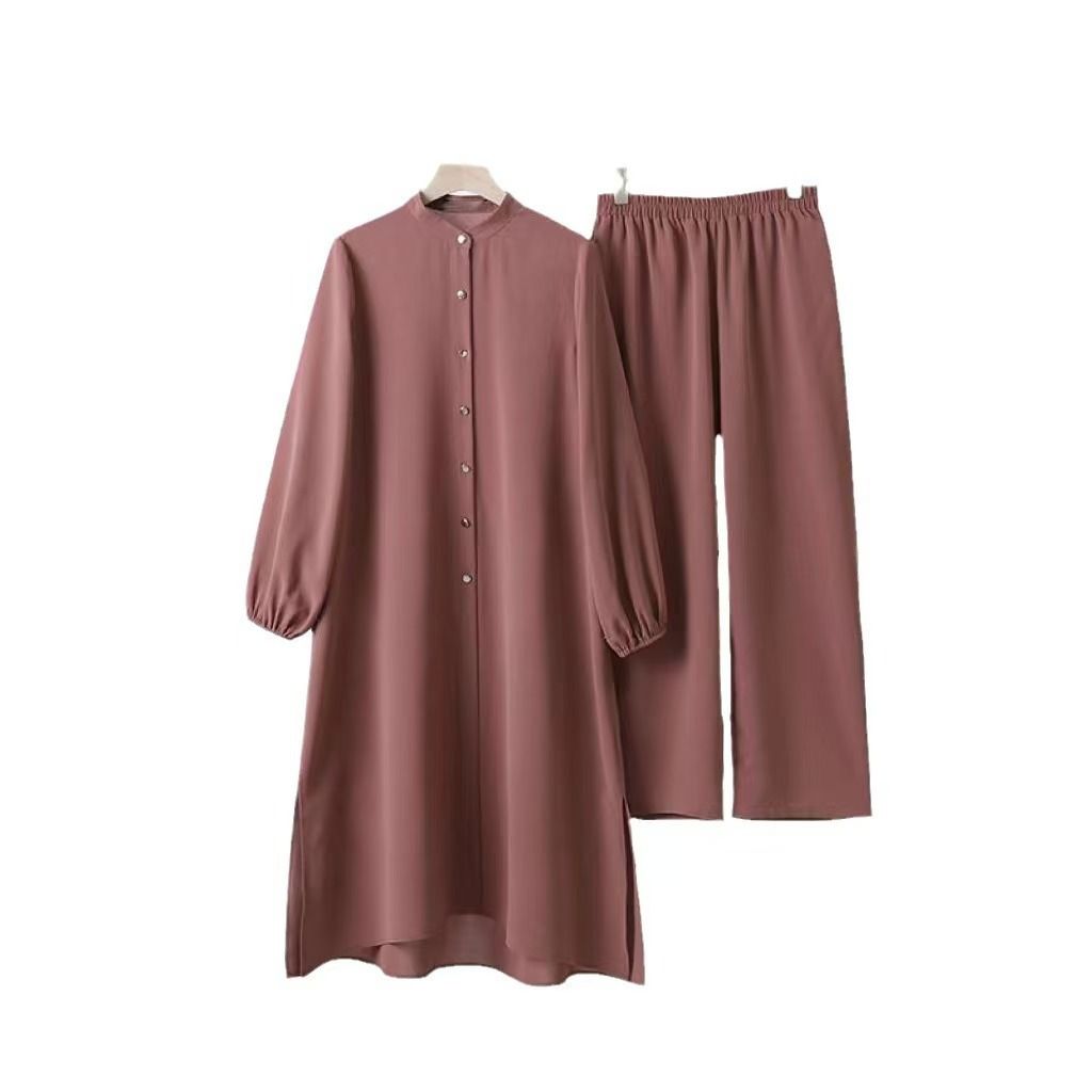 New product selection in stock popular Muslim women's clothing Middle East new ice silk wrinkle loose solid color split collar shirt temperament pants set