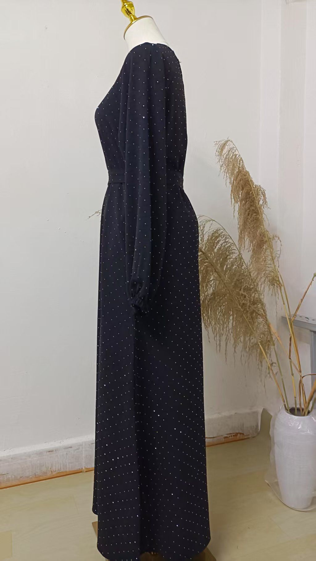 New Product Selection: Amazon AliExpress Abaya Muslim Hot Diamond Robe Middle East Dubai Round Neck Pullover Belt Dress