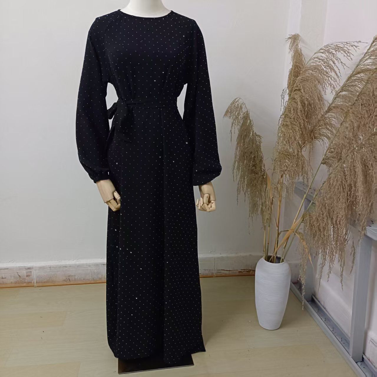New Product Selection: Amazon AliExpress Abaya Muslim Hot Diamond Robe Middle East Dubai Round Neck Pullover Belt Dress