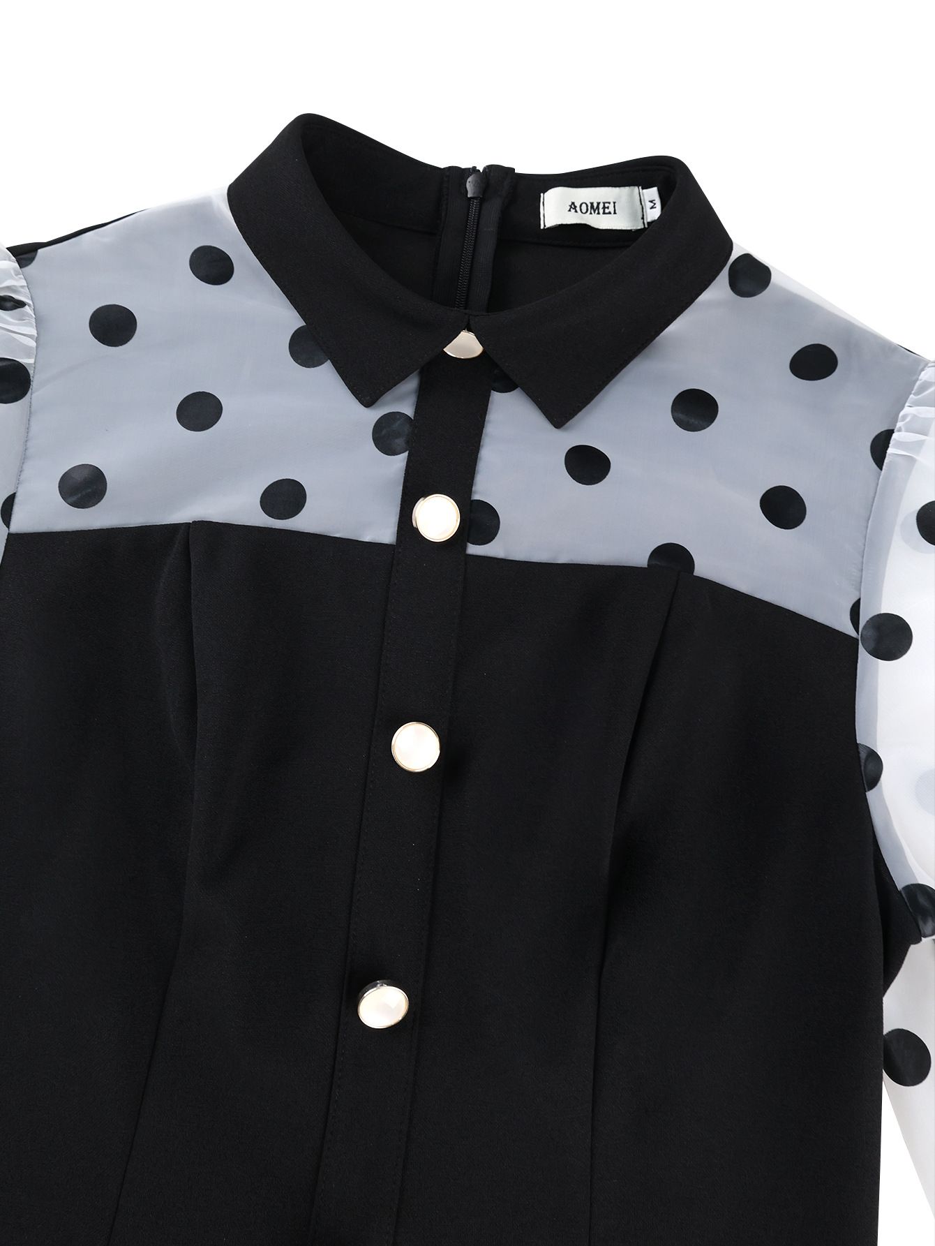 New product selection: plus size women's black and white polka dot bubble sleeves, waist cinched shirt, collar style, commuting bag, hip skirt, work dresses