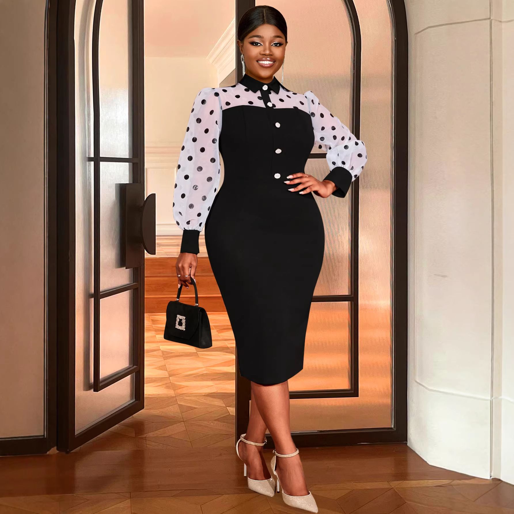 New product selection: plus size women's black and white polka dot bubble sleeves, waist cinched shirt, collar style, commuting bag, hip skirt, work dresses