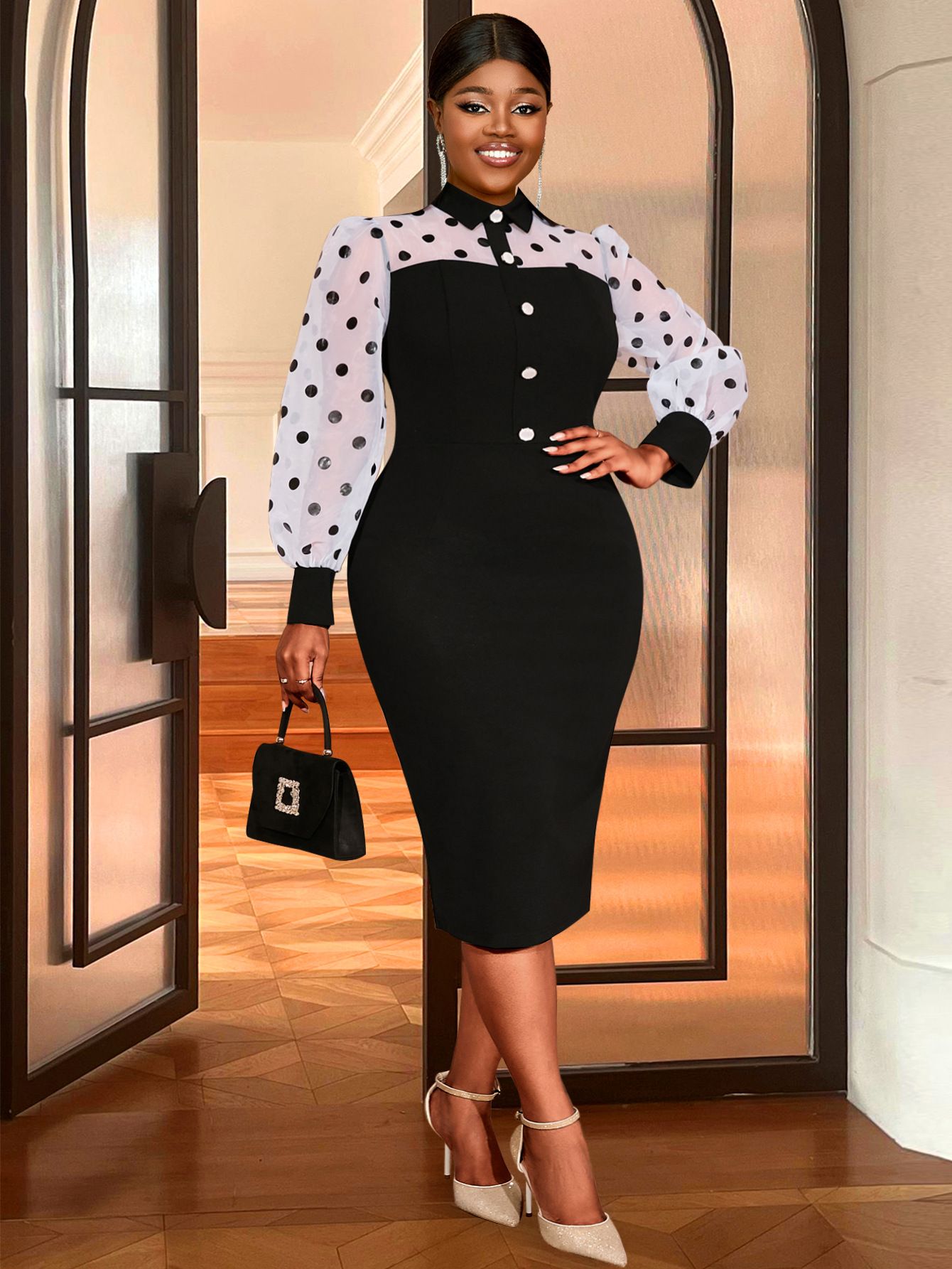 New product selection: plus size women's black and white polka dot bubble sleeves, waist cinched shirt, collar style, commuting bag, hip skirt, work dresses