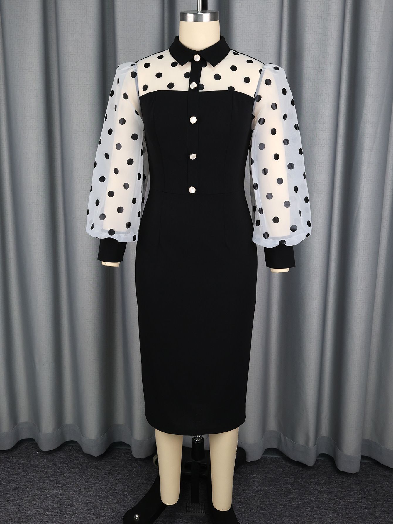 New product selection: plus size women's black and white polka dot bubble sleeves, waist cinched shirt, collar style, commuting bag, hip skirt, work dresses