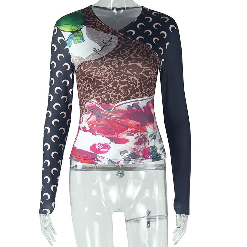 New product selection: European and American style cross-border foreign trade fashion casual women's clothing, comfortable printing splicing, V-neck slim fit long sleeved autumn and winter warm T-shir