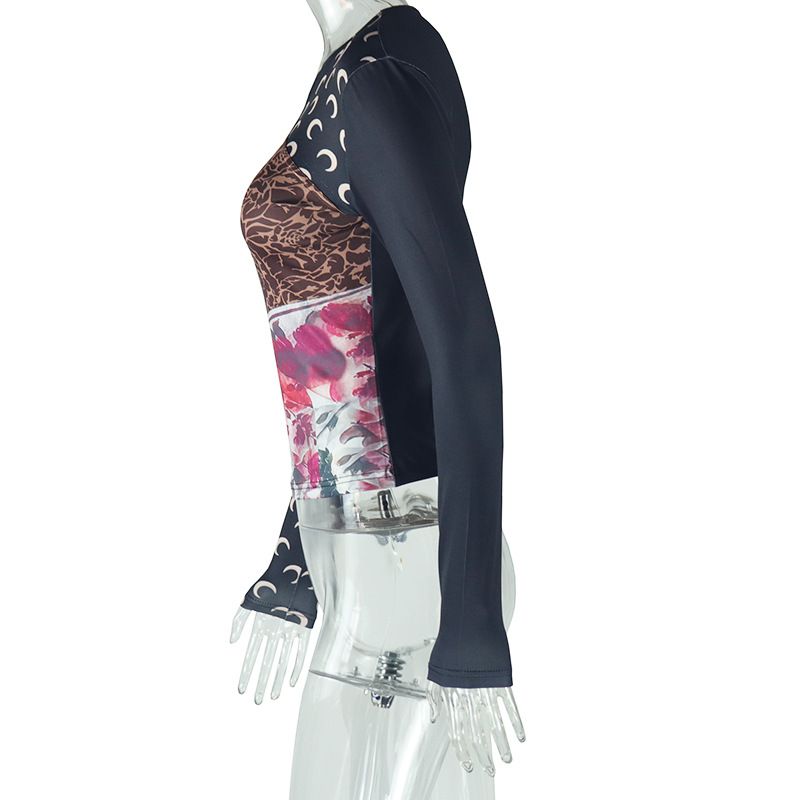 New product selection: European and American style cross-border foreign trade fashion casual women's clothing, comfortable printing splicing, V-neck slim fit long sleeved autumn and winter warm T-shir