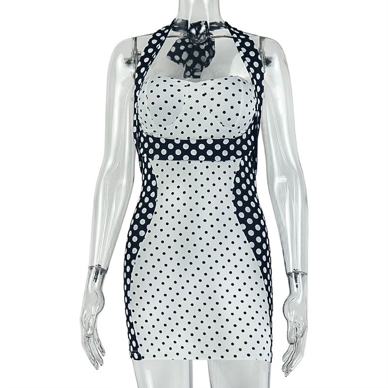 New product selection: European and American style foreign trade black and white color blocked women's clothing design, street wrapped hip skirt, sexy hanging neck, chest wrapped slimming dress, trend