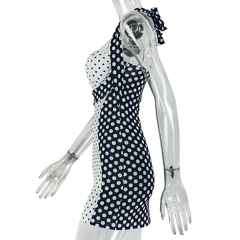 New product selection: European and American style foreign trade black and white color blocked women's clothing design, street wrapped hip skirt, sexy hanging neck, chest wrapped slimming dress, trend