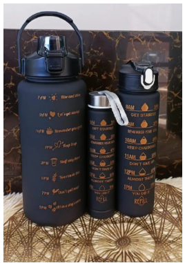 3-in-1 Set Water Bottle Motivational Sports Leakproof Bottle (Black).3 piece set of super capacity, press the spring cover and open the cover with one button, convenient and fast.