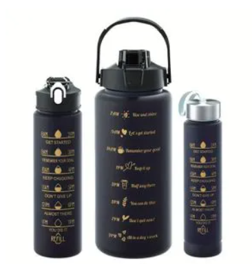 3-in-1 Set Water Bottle Motivational Sports Leakproof Bottle (Black).3 piece set of super capacity, press the spring cover and open the cover with one button, convenient and fast.