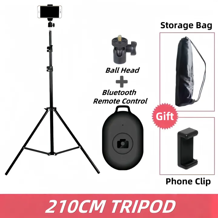 2.1M Tripod Stand Phone Holder 5 in 1 Camera Pack Tripod Stand+ Ball Head +Phone Clip+ Bluetooth Remote + Black Storage Bag For Camera Mobile Phone Photography Tripod Stand