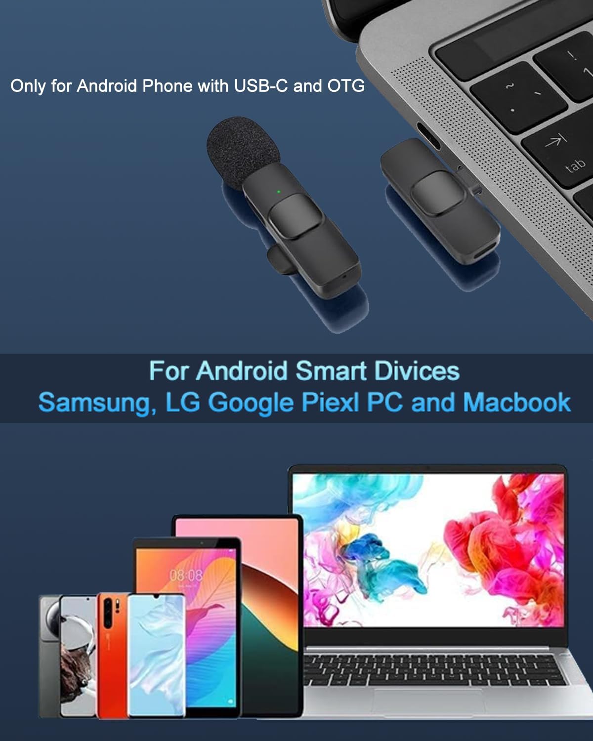 4 in 1 Wireless Lavalier Microphones for Android, iPhone 15(Above), iPad, Camera, USB-C Microphone, 7-Hour Battery, Mini Microphone with Noise Reduction for Video Recording, Vlog, YouTube, TikTok