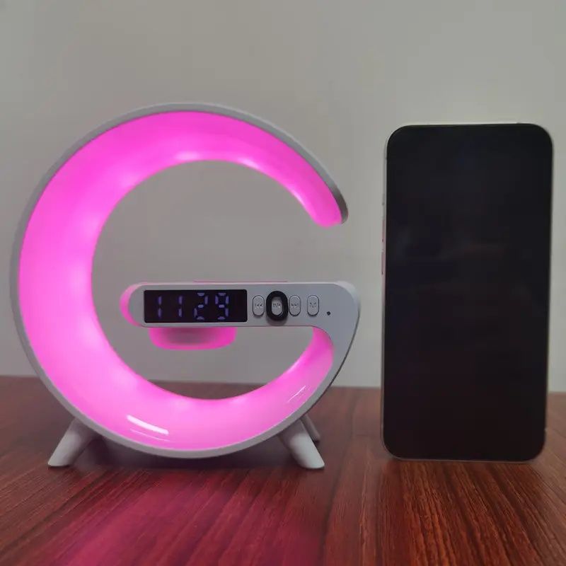 Wireless Fast Charging Wireless BT Speakers with Rhythm RGB Light, Bar Smart Light, Sunrise Alarm Clock, Wake Up Light and Dimmable Table Lamp for Bedrooms