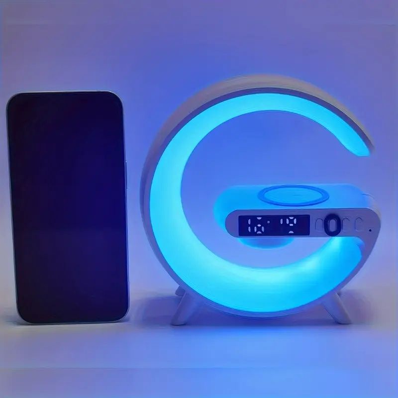 Wireless Fast Charging Wireless BT Speakers with Rhythm RGB Light, Bar Smart Light, Sunrise Alarm Clock, Wake Up Light and Dimmable Table Lamp for Bedrooms