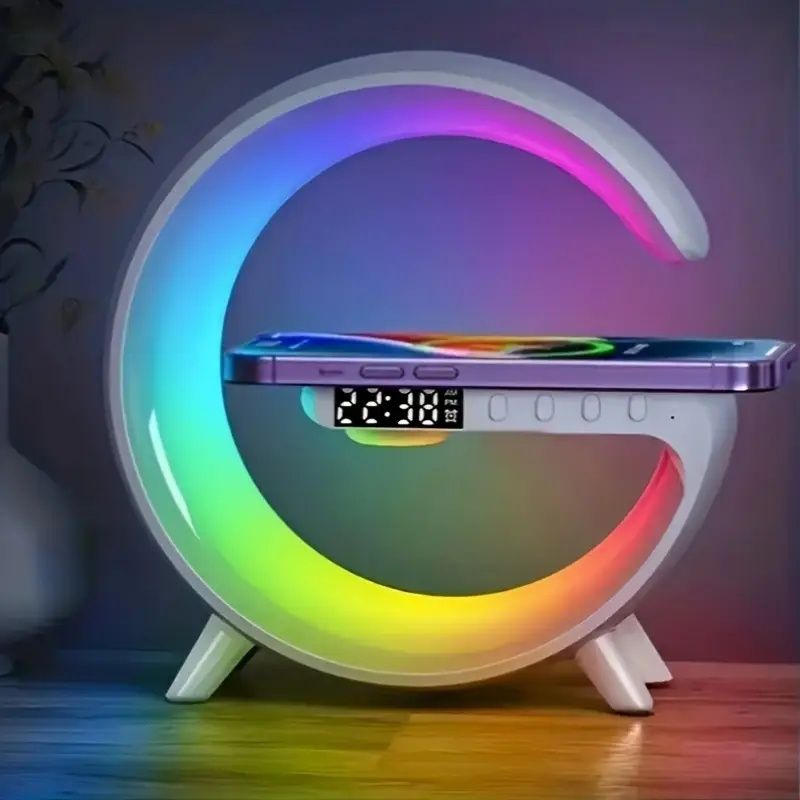 Wireless Fast Charging Wireless BT Speakers with Rhythm RGB Light, Bar Smart Light, Sunrise Alarm Clock, Wake Up Light and Dimmable Table Lamp for Bedrooms