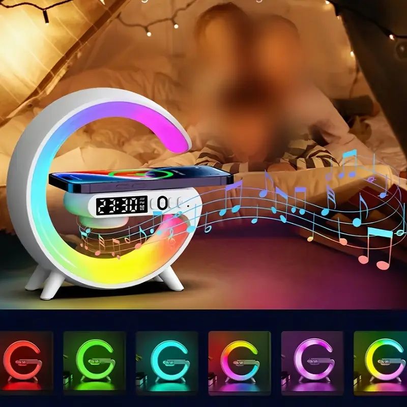 Wireless Fast Charging Wireless BT Speakers with Rhythm RGB Light, Bar Smart Light, Sunrise Alarm Clock, Wake Up Light and Dimmable Table Lamp for Bedrooms