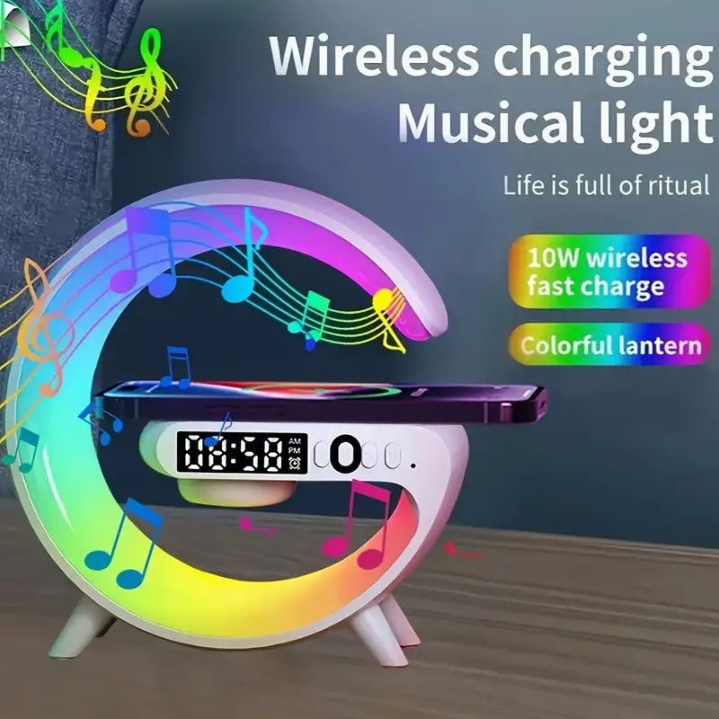 Wireless Fast Charging Wireless BT Speakers with Rhythm RGB Light, Bar Smart Light, Sunrise Alarm Clock, Wake Up Light and Dimmable Table Lamp for Bedrooms
