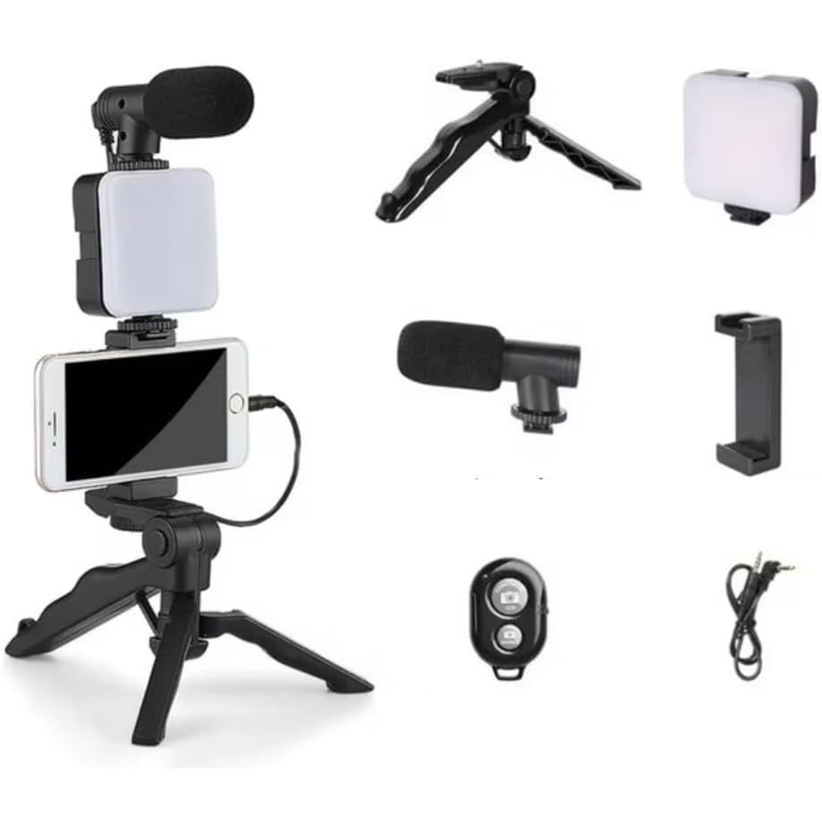 Vlogging Kit with Light and Microphone Pistol Grip Tripod |Studio LED Light, Professional Mini Portable Tripod Grip for Vlogging, TikTok, YouTube Videos | for Smart Phones, Cameras