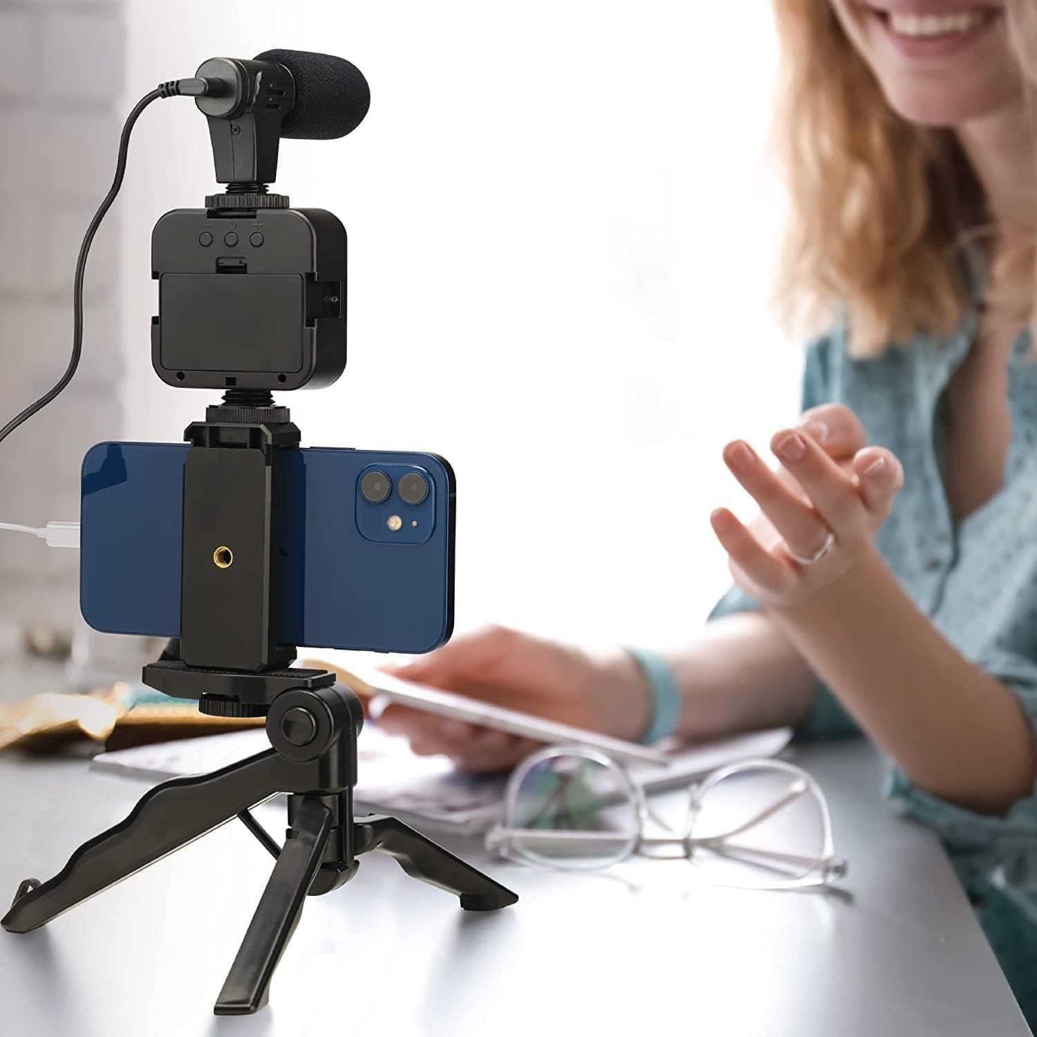 Vlogging Kit with Light and Microphone Pistol Grip Tripod |Studio LED Light, Professional Mini Portable Tripod Grip for Vlogging, TikTok, YouTube Videos | for Smart Phones, Cameras