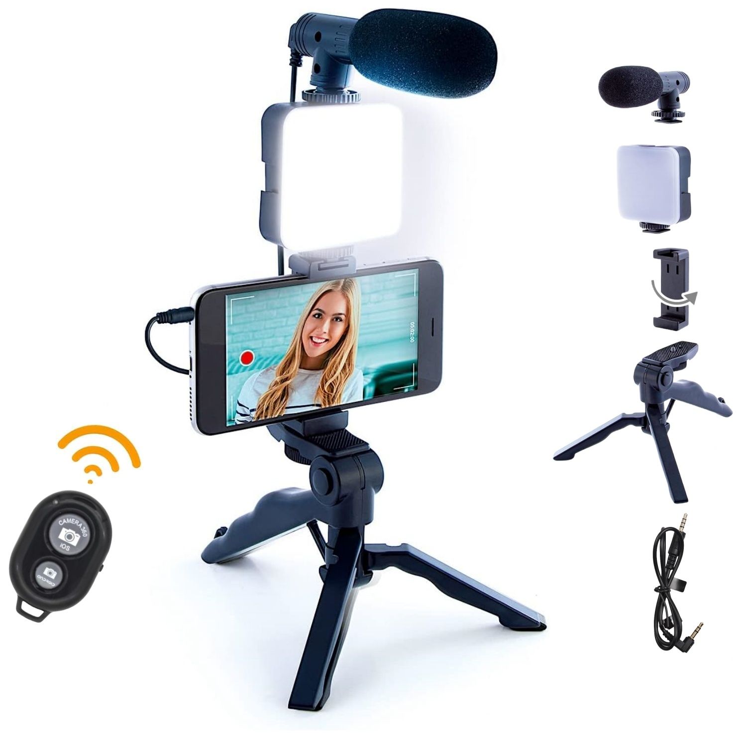 Vlogging Kit with Light and Microphone Pistol Grip Tripod |Studio LED Light, Professional Mini Portable Tripod Grip for Vlogging, TikTok, YouTube Videos | for Smart Phones, Cameras