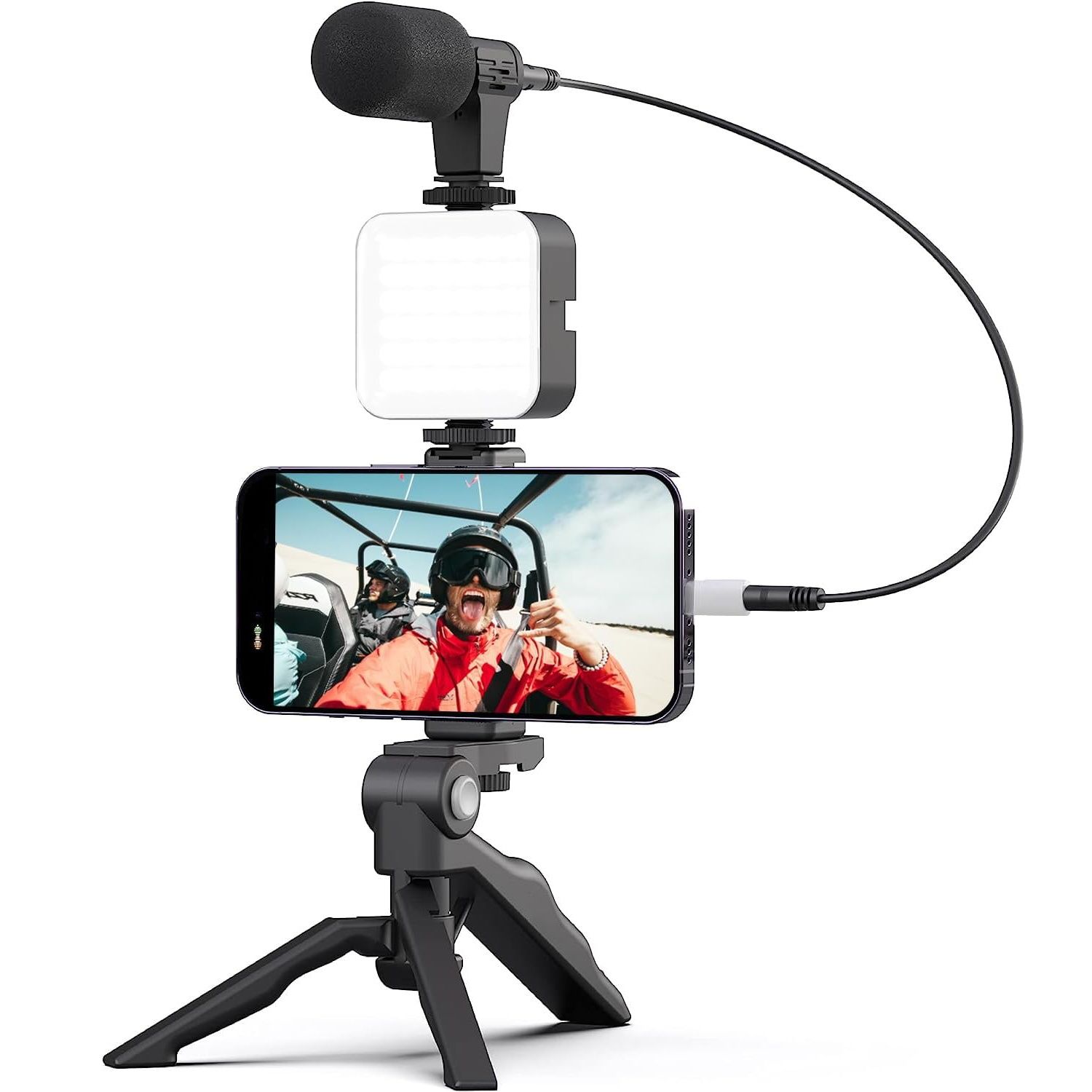Vlogging Kit with Light and Microphone Pistol Grip Tripod |Studio LED Light, Professional Mini Portable Tripod Grip for Vlogging, TikTok, YouTube Videos | for Smart Phones, Cameras
