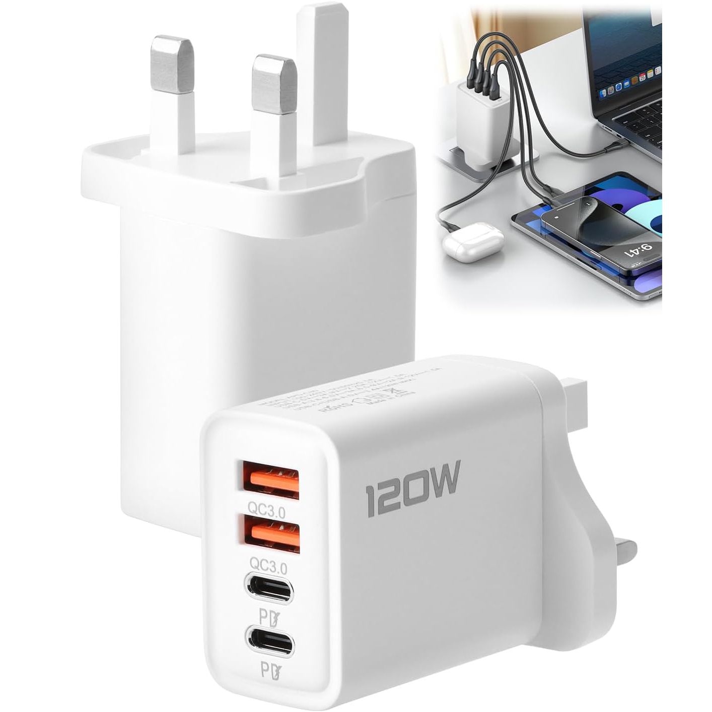 120W USB C Plug 4-Port Charger Plugs Fast Charging Travel Plug Adapter with 2 usb and 2 PD Port Wall Charging Head Universal Power Charging Compatible with Most Electronic Products