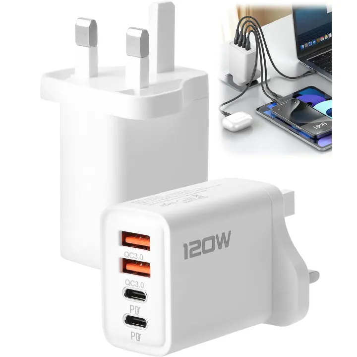 120W USB C Plug 4-Port Charger Plugs Fast Charging Travel Plug Adapter with 2 usb and 2 PD Port Wall Charging Head Universal Power Charging Compatible with Most Electronic Products