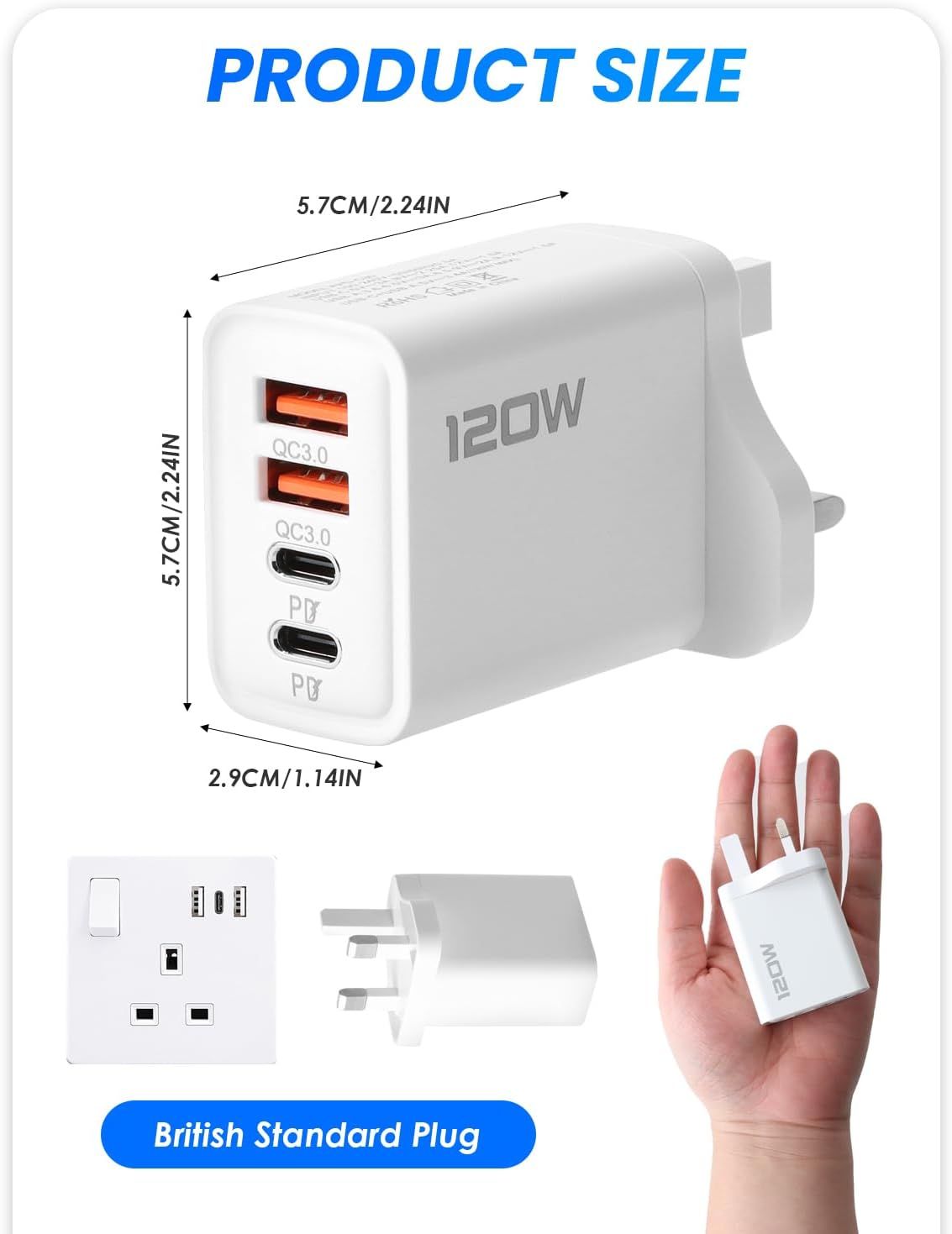 120W USB C Plug 4-Port Charger Plugs Fast Charging Travel Plug Adapter with 2 usb and 2 PD Port Wall Charging Head Universal Power Charging Compatible with Most Electronic Products