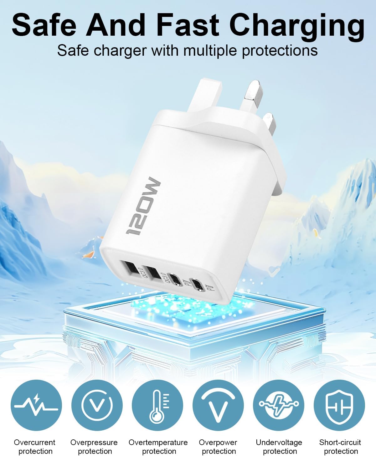 120W USB C Plug 4-Port Charger Plugs Fast Charging Travel Plug Adapter with 2 usb and 2 PD Port Wall Charging Head Universal Power Charging Compatible with Most Electronic Products