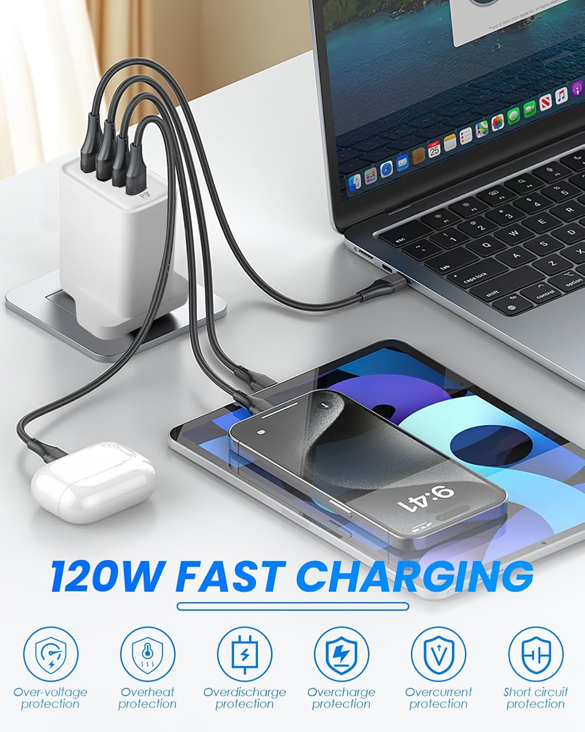 120W USB C Plug 4-Port Charger Plugs Fast Charging Travel Plug Adapter with 2 usb and 2 PD Port Wall Charging Head Universal Power Charging Compatible with Most Electronic Products