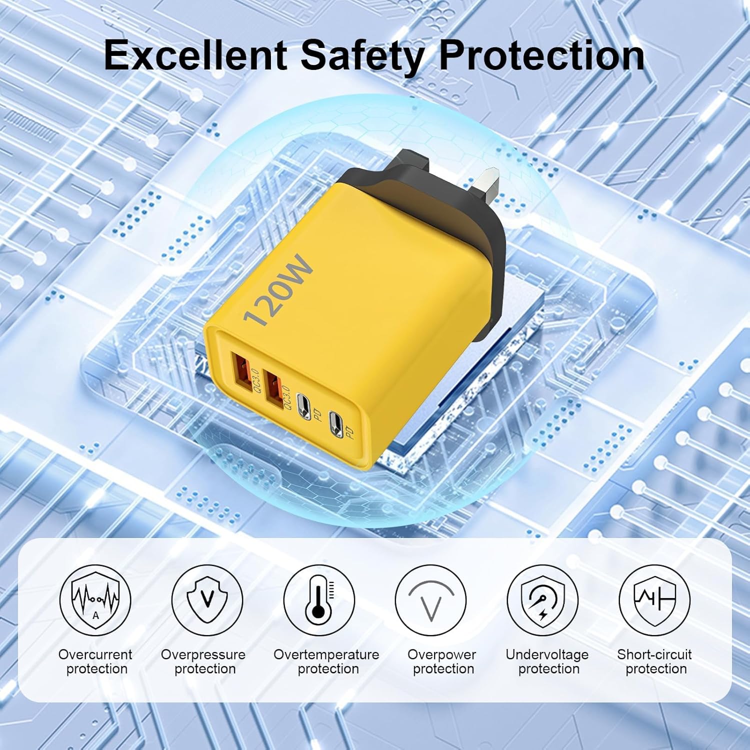 120W USB C Plug 4-Port Charger Plugs Fast Charging Travel Plug Adapter with 2 usb and 2 PD Port Wall Charging Head Universal Power Charging Compatible with Most Electronic Products