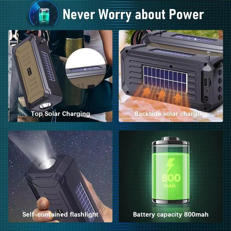 Emergency Radio Waterproof Bluetooth Speaker,Portable Digital AM FM Radio with Flashlight,Reading Lamp with Solar Panel,800mAH ,Emergency Survival Kit