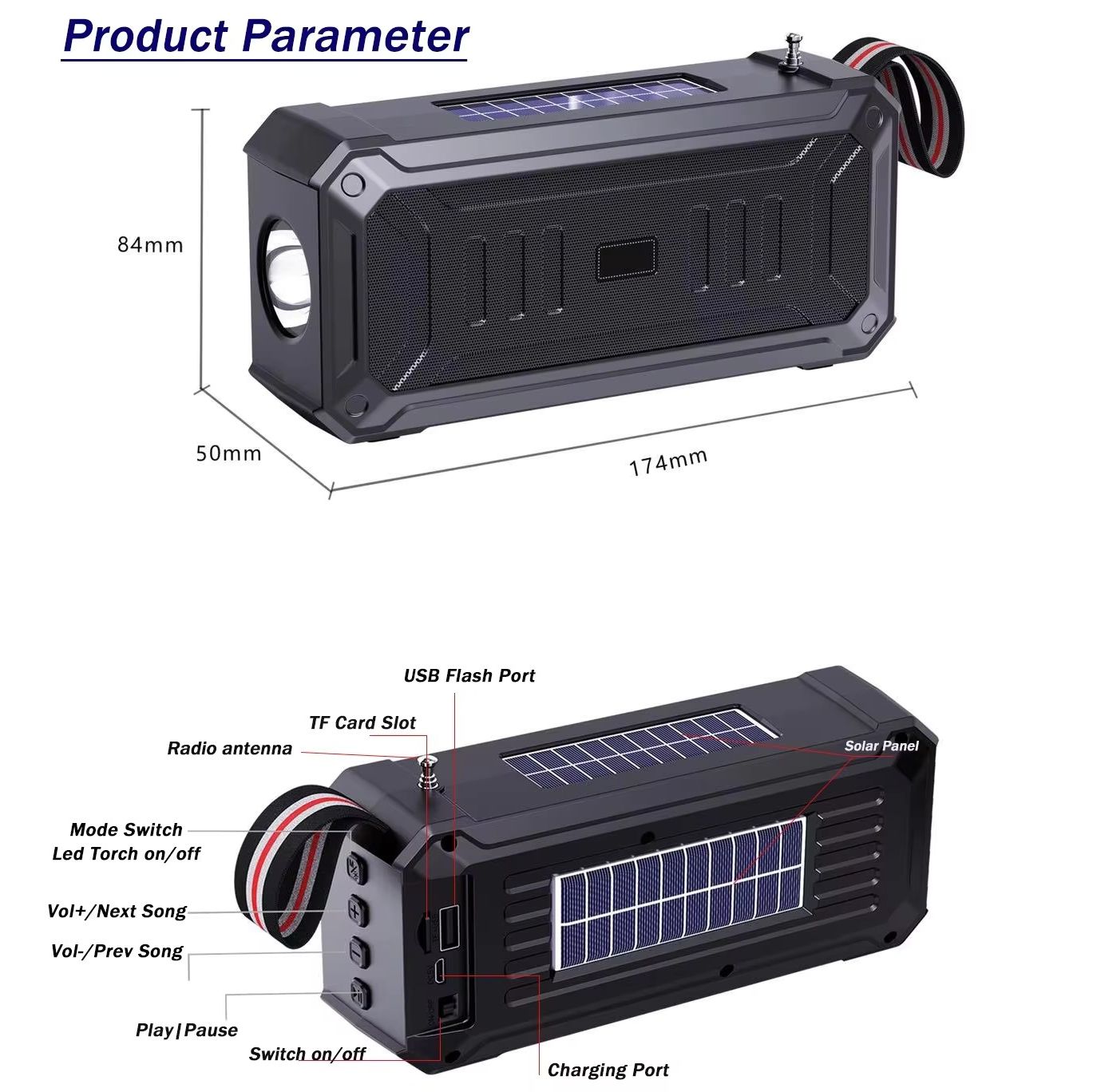 Emergency Radio Waterproof Bluetooth Speaker,Portable Digital AM FM Radio with Flashlight,Reading Lamp with Solar Panel,800mAH ,Emergency Survival Kit