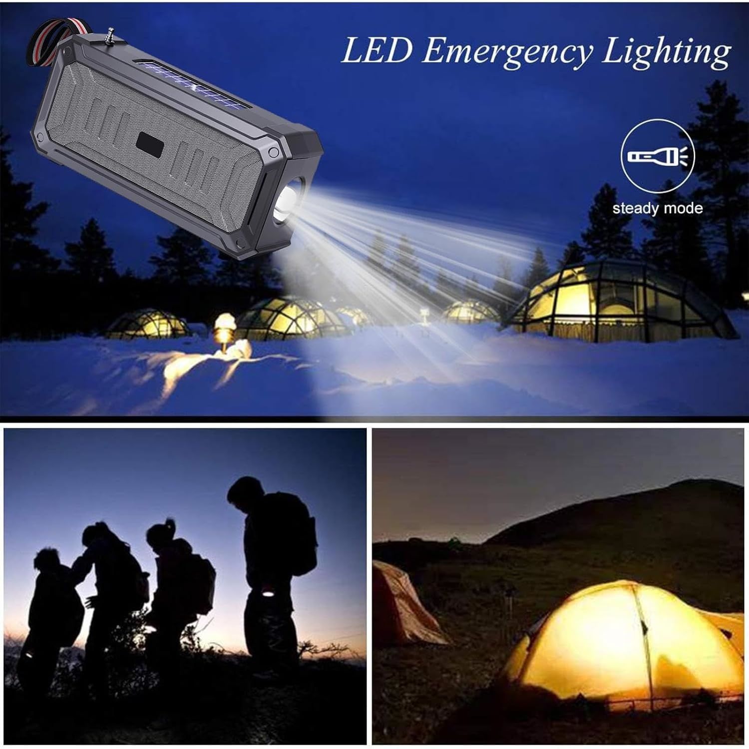 Emergency Radio Waterproof Bluetooth Speaker,Portable Digital AM FM Radio with Flashlight,Reading Lamp with Solar Panel,800mAH ,Emergency Survival Kit