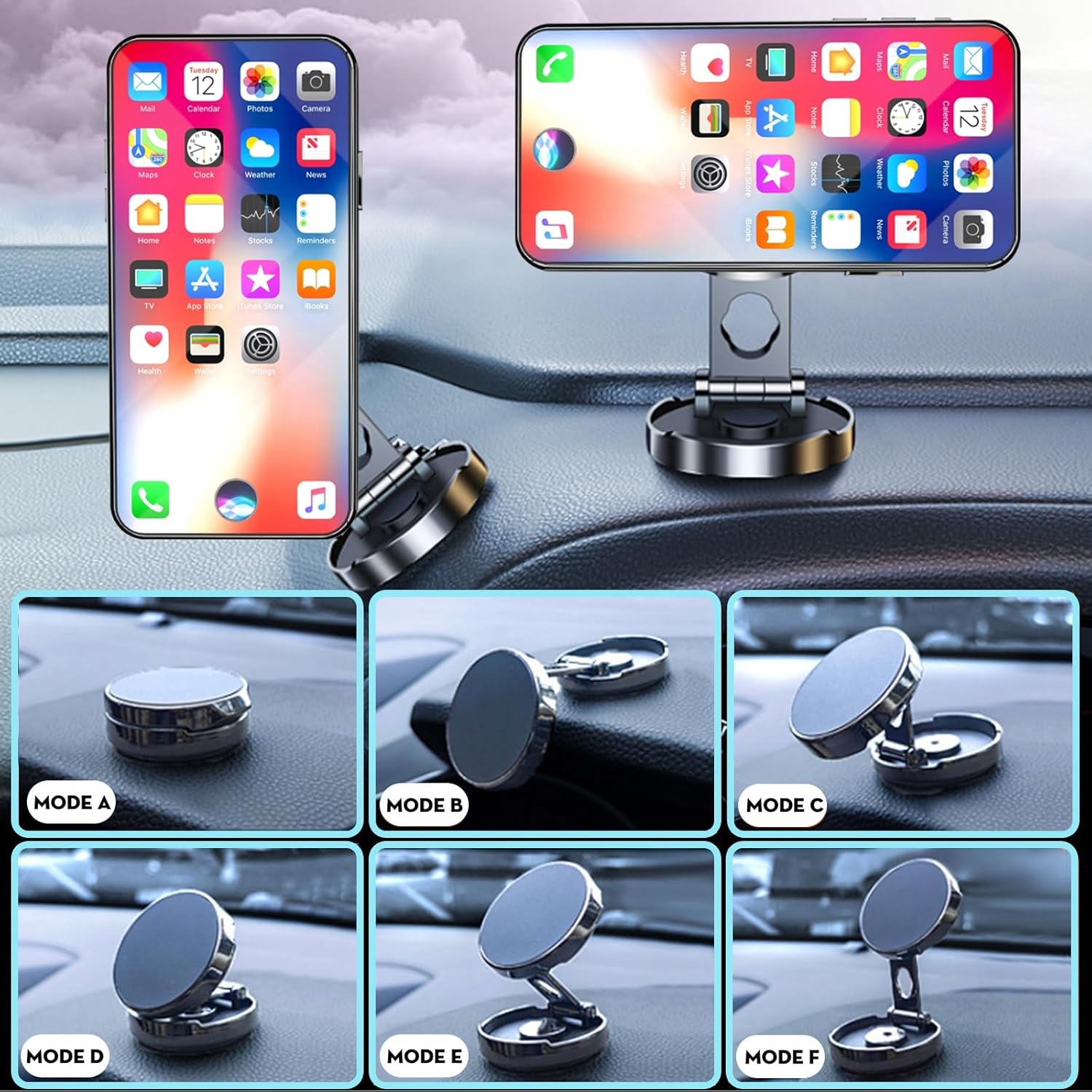 【Foldable Magnetic Phone Mount】 Universal 360 ° Rotation Car Phone Magnet Holder, Magnet Phone Holder for Car with iPhone Samsung All smartphones