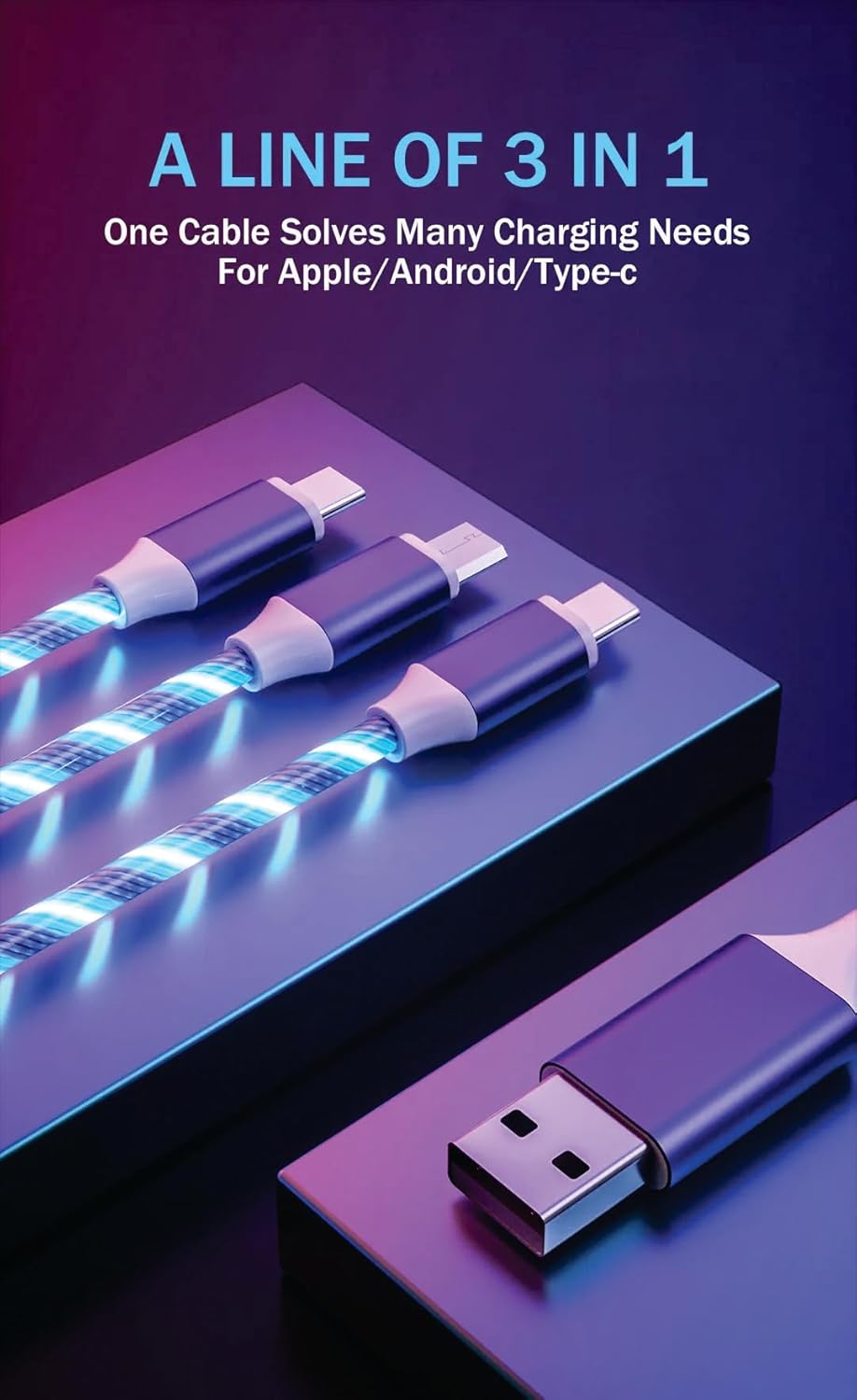 【Clearance Sale】3-in-1 Flowing LED Charging Cable - Fast USB Charger Cord for iPhone, Samsung, Android Phones, Tablets - Compatible with Micro USB/Type-C/Lightning