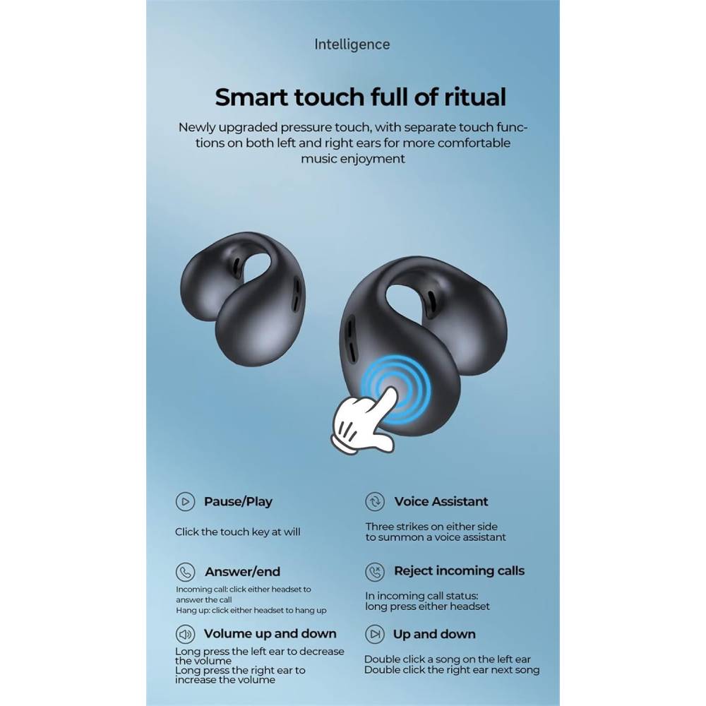Wireless Ear Clip Bone Conduction Headphones,  Open Ear Earbuds Wireless Bluetooth Earbuds, IPX3 Waterproof Ear Hook Bluetooth Headphones After Shock Bone Air Conduction Headphones