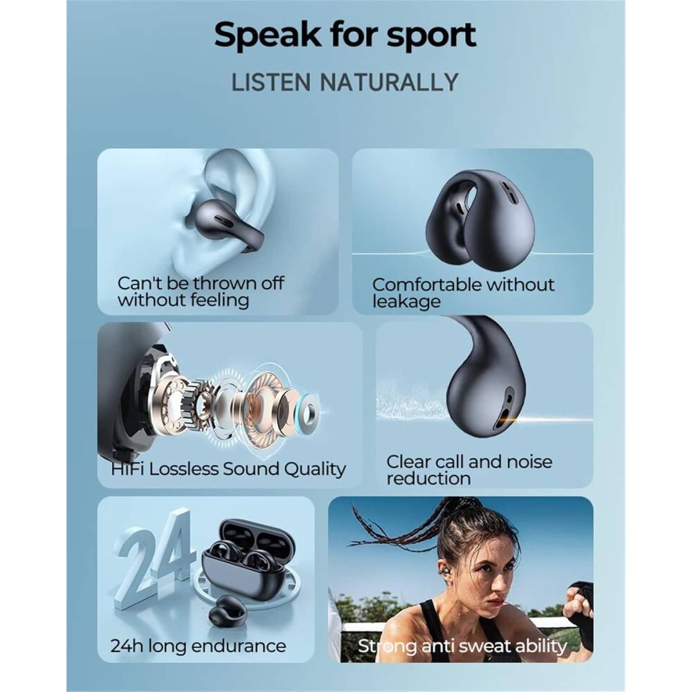 Wireless Ear Clip Bone Conduction Headphones,  Open Ear Earbuds Wireless Bluetooth Earbuds, IPX3 Waterproof Ear Hook Bluetooth Headphones After Shock Bone Air Conduction Headphones