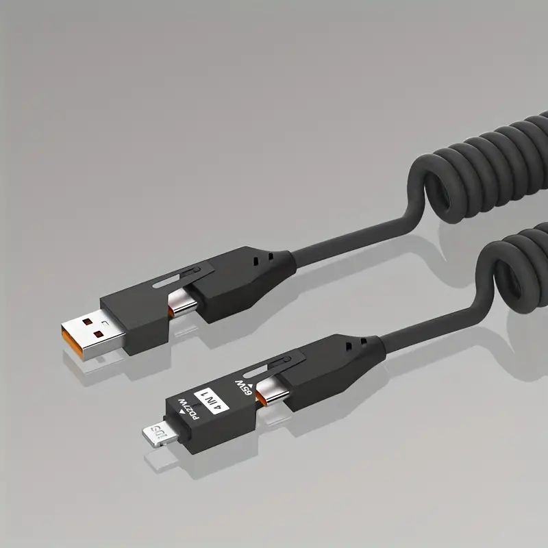 【Clearance Sale】4-in-1 Coiled USB Cable - 65W USB C Fast Charging for Phone,Laptop and Other Devices,Coiled Silicone Cable,1.5M