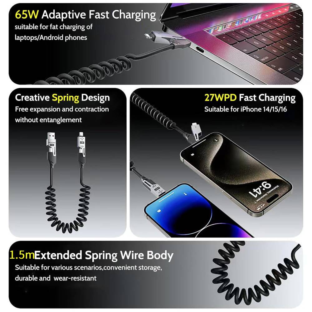 【Clearance Sale】4-in-1 Coiled USB Cable - 65W USB C Fast Charging for Phone,Laptop and Other Devices,Coiled Silicone Cable,1.5M