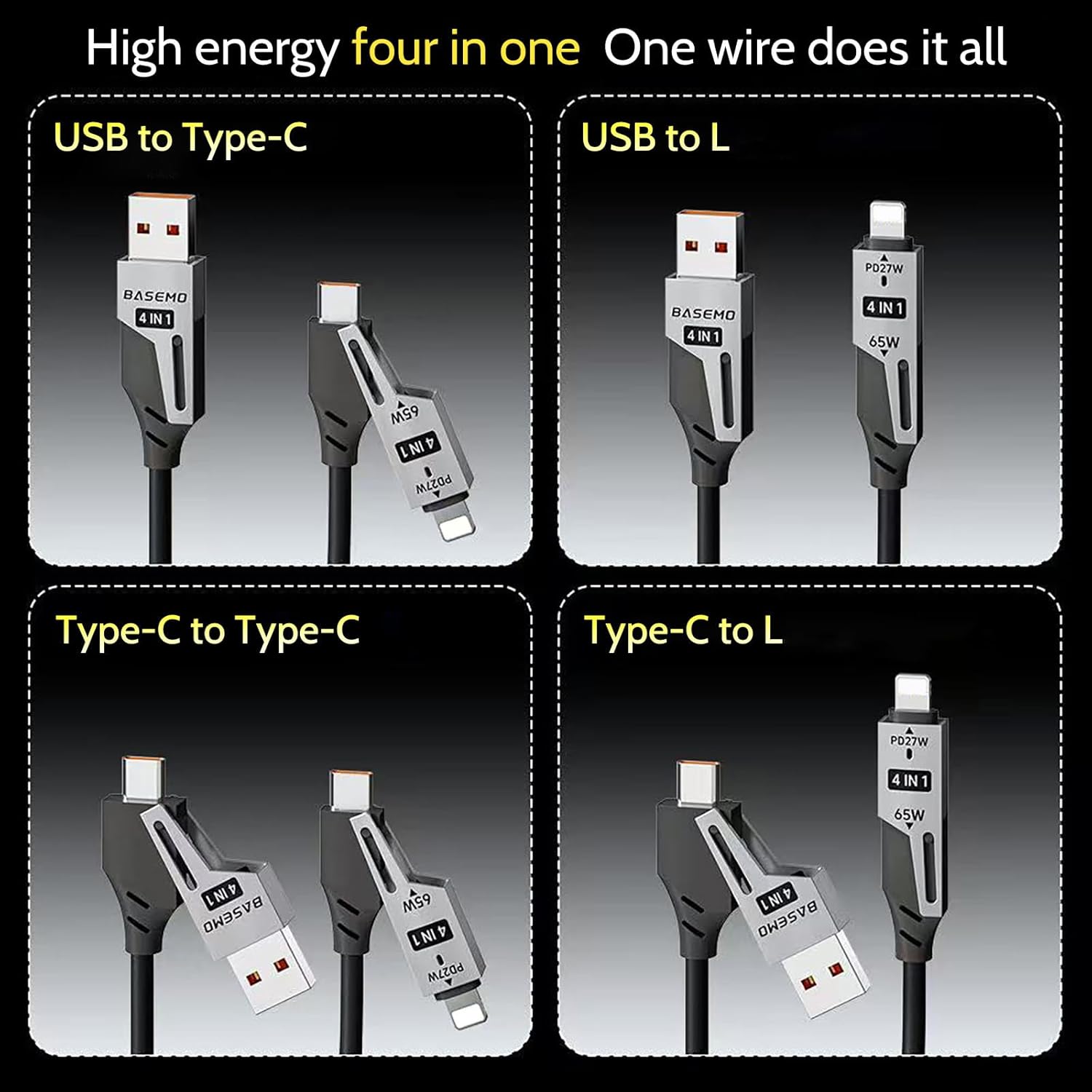 【Clearance Sale】4-in-1 Coiled USB Cable - 65W USB C Fast Charging for Phone,Laptop and Other Devices,Coiled Silicone Cable,1.5M