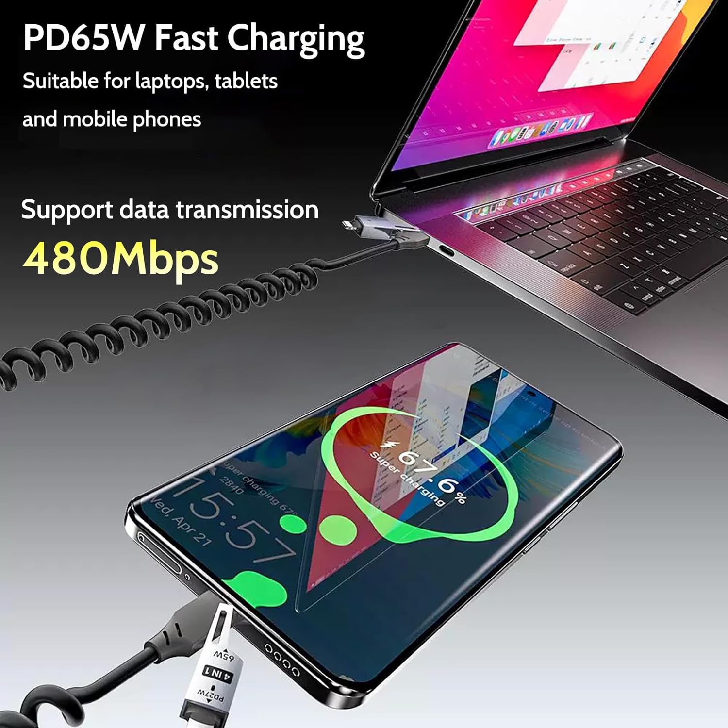 【Clearance Sale】4-in-1 Coiled USB Cable - 65W USB C Fast Charging for Phone,Laptop and Other Devices,Coiled Silicone Cable,1.5M
