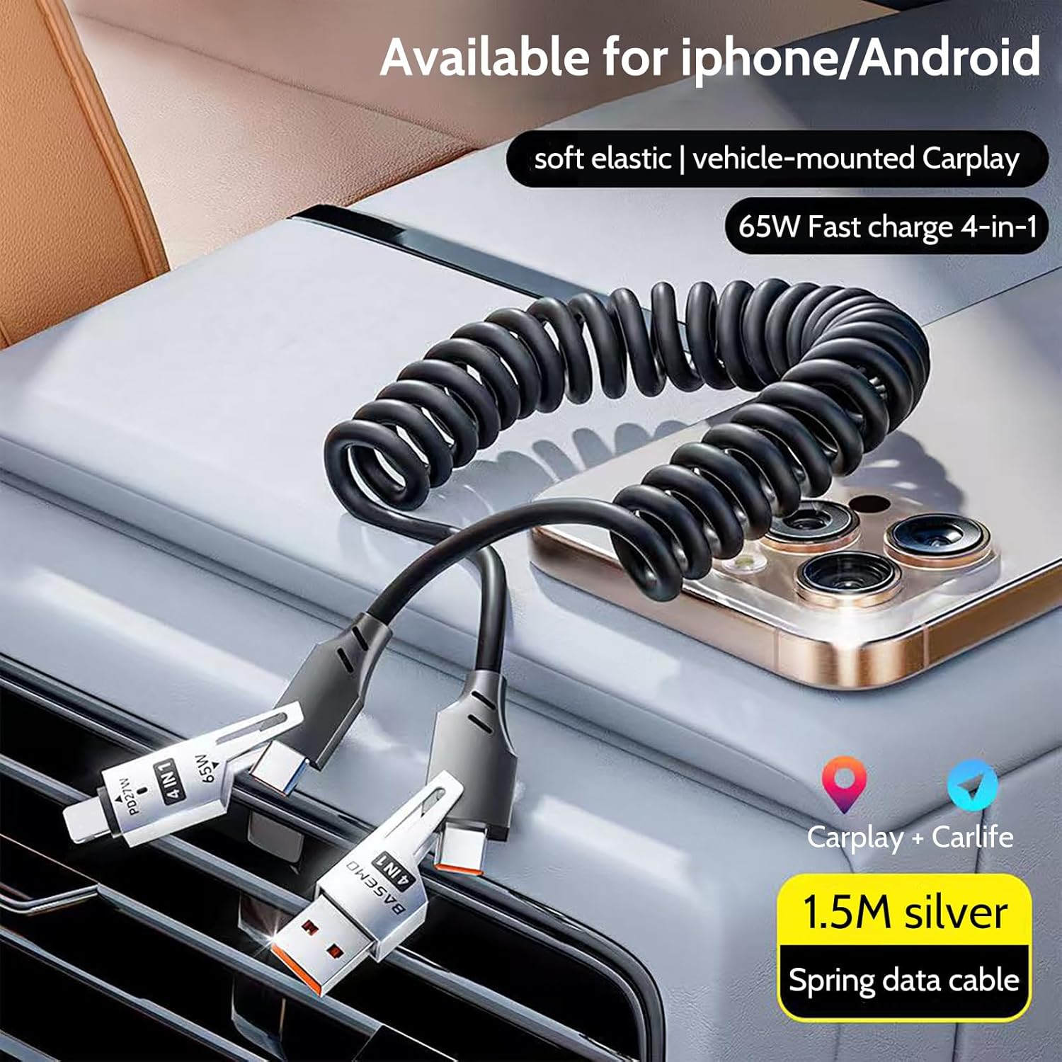 【Clearance Sale】4-in-1 Coiled USB Cable - 65W USB C Fast Charging for Phone,Laptop and Other Devices,Coiled Silicone Cable,1.5M