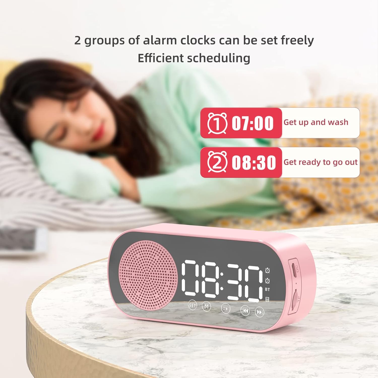 Digital Alarm Clock Radio,Bluetooth V5.0 HiFi Speaker Mirror Clock Dual Alarms Snooze FM Radio,Micro USB 1600mAh Battery,Bedside Clock for Bedrooms