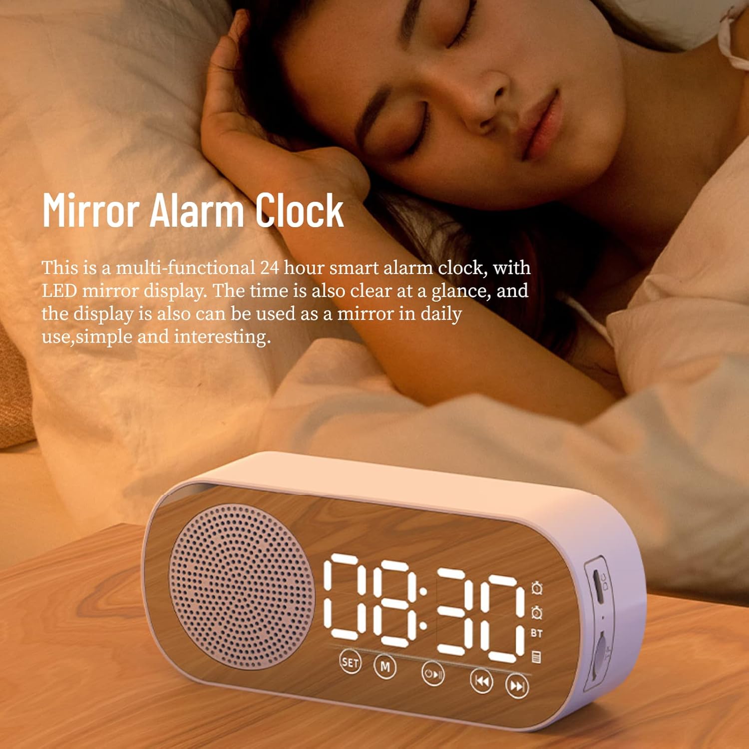 Digital Alarm Clock Radio,Bluetooth V5.0 HiFi Speaker Mirror Clock Dual Alarms Snooze FM Radio,Micro USB 1600mAh Battery,Bedside Clock for Bedrooms