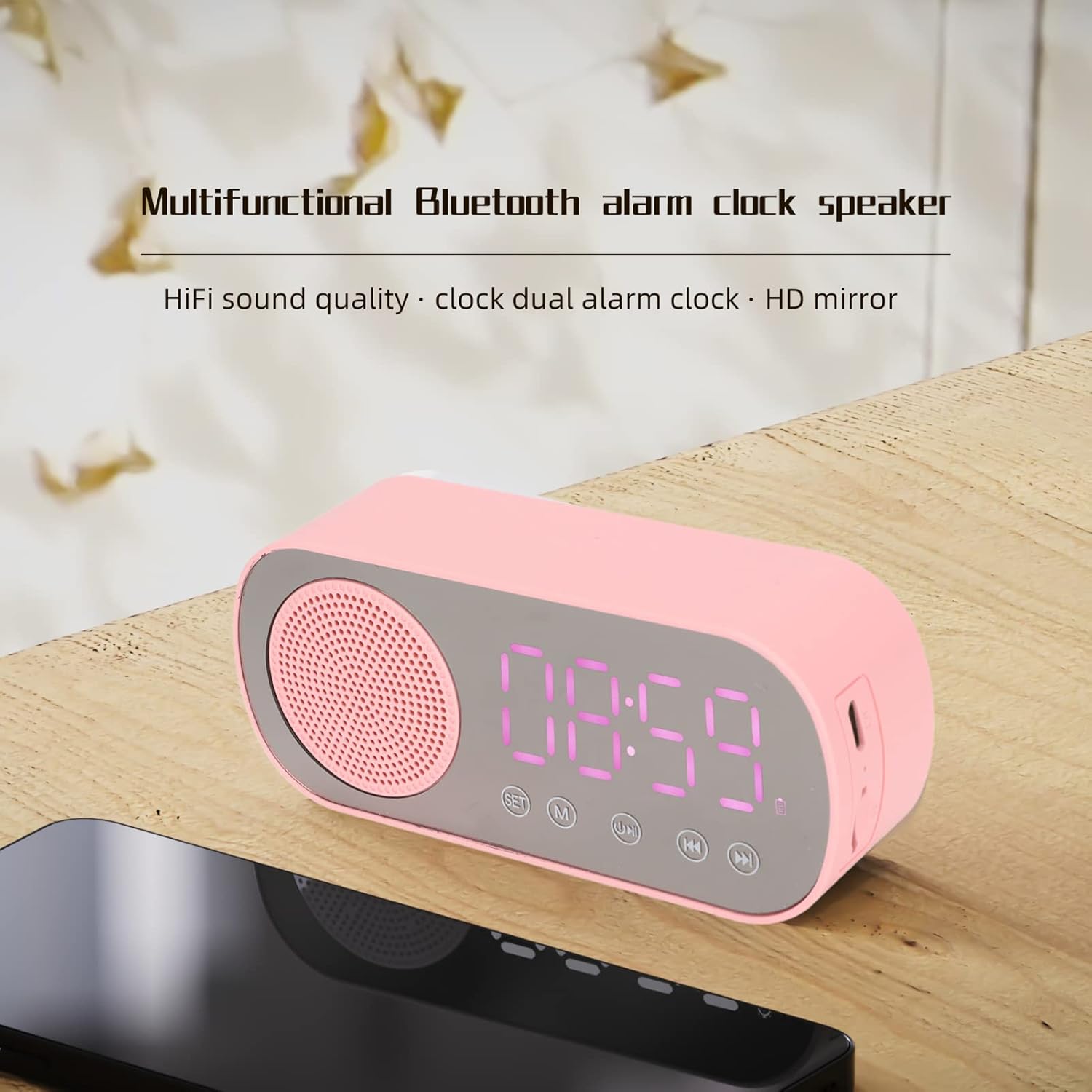 Digital Alarm Clock Radio,Bluetooth V5.0 HiFi Speaker Mirror Clock Dual Alarms Snooze FM Radio,Micro USB 1600mAh Battery,Bedside Clock for Bedrooms