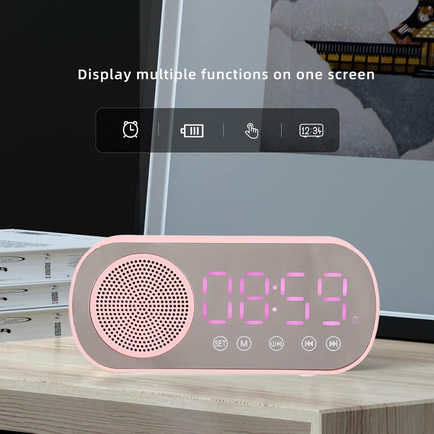 Digital Alarm Clock Radio,Bluetooth V5.0 HiFi Speaker Mirror Clock Dual Alarms Snooze FM Radio,Micro USB 1600mAh Battery,Bedside Clock for Bedrooms