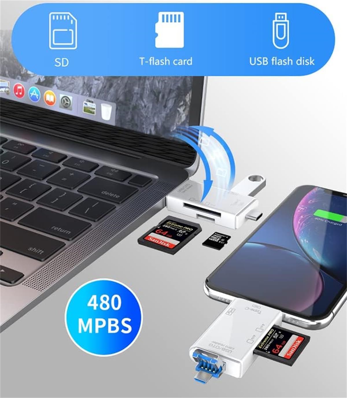 1pc Multi-Functional 6-in-1 OTG Card Reader, SD/TF Card & USB Flash Drive Adapter for Mobile Phone, Computer, Camera - Plug & Play Data Transfer without Battery