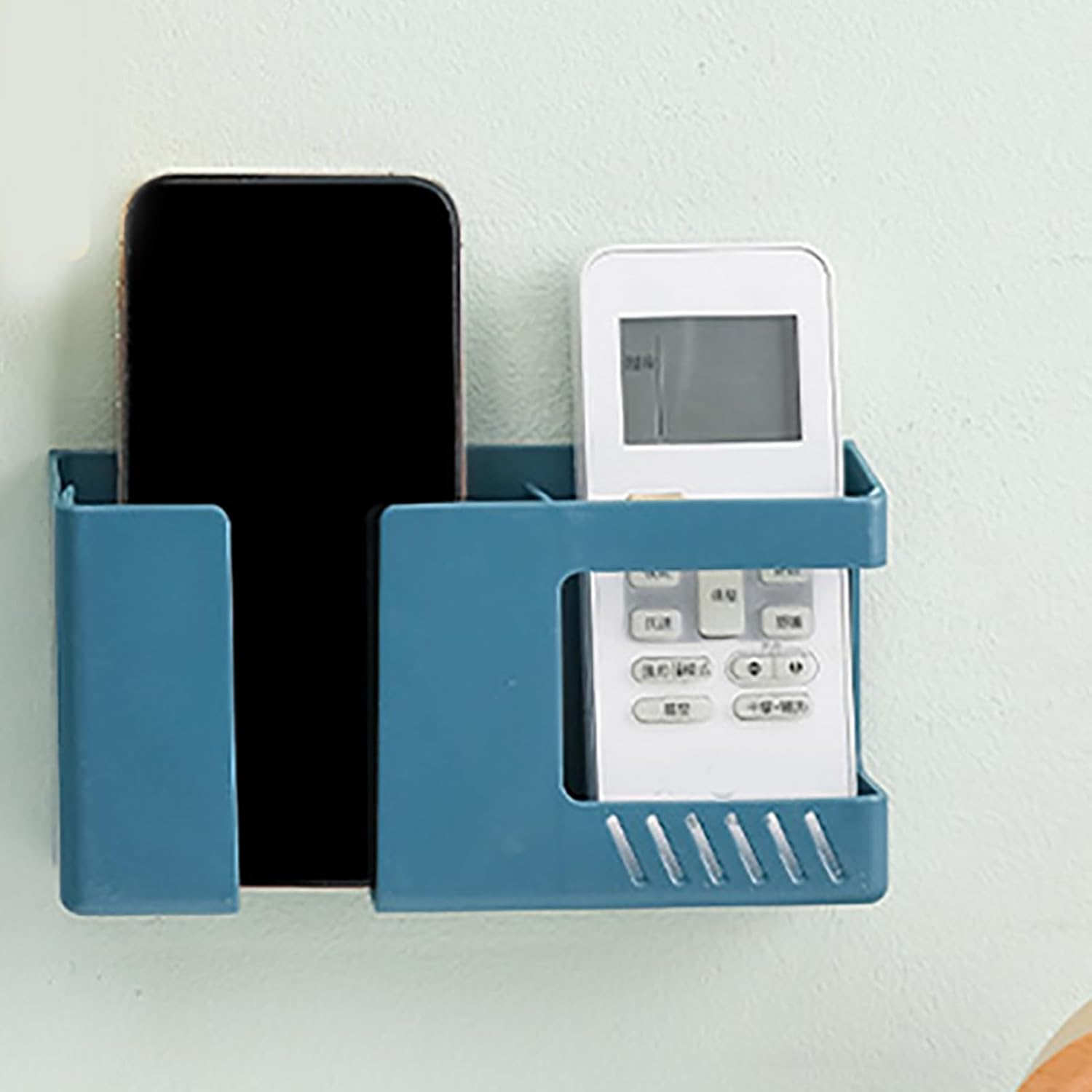 【Clearance Sale】1pc Vintage Style Wall-Mounted Phone & Remote Control Holder - No-Drill, Multi-Room Compatible Plastic Storage Organizer for Bedside or Desk, Teal Color, Dual Compartments