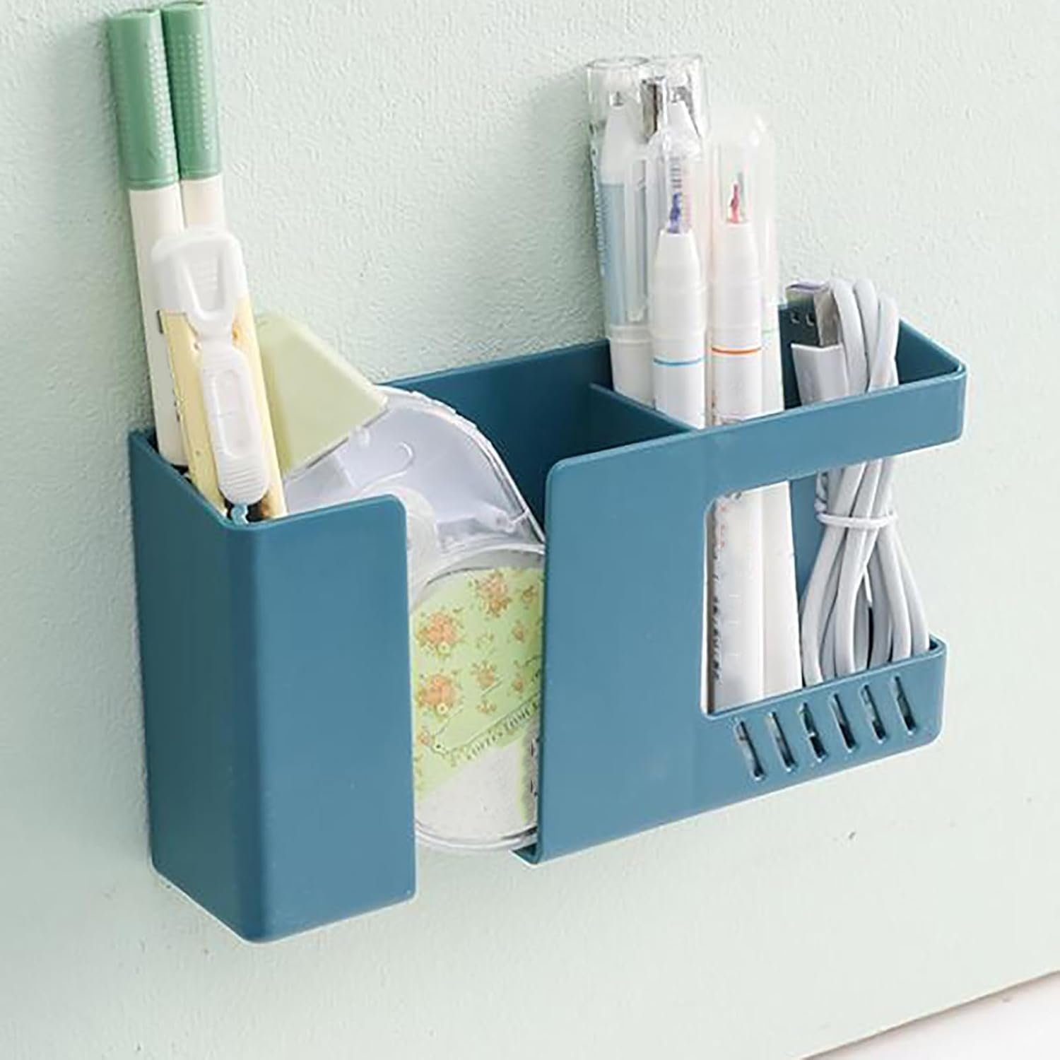 【Clearance Sale】1pc Vintage Style Wall-Mounted Phone & Remote Control Holder - No-Drill, Multi-Room Compatible Plastic Storage Organizer for Bedside or Desk, Teal Color, Dual Compartments